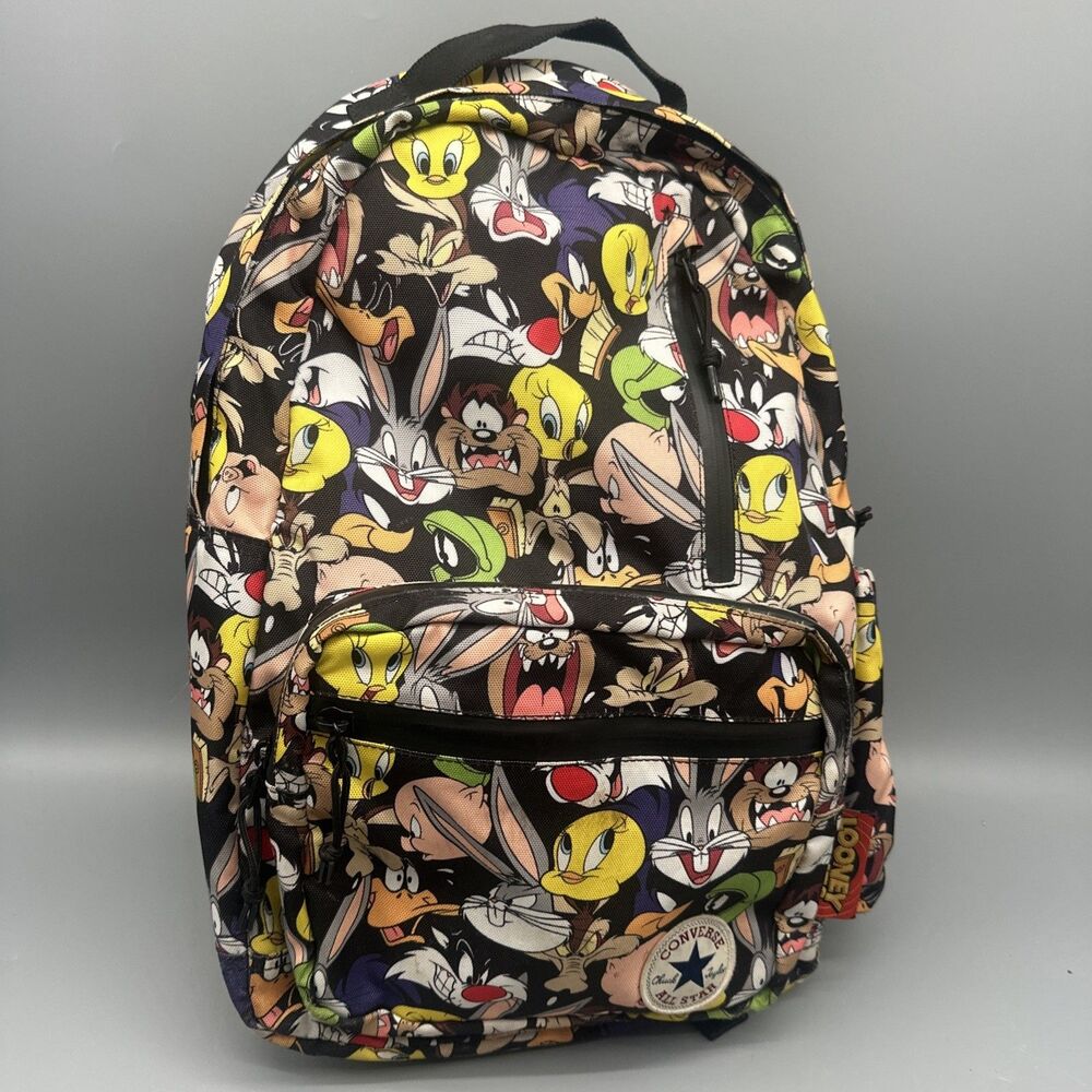 Vtg Converse X Looney Tunes Canvas Backpack All Over Print Bugs Taz Road Runner